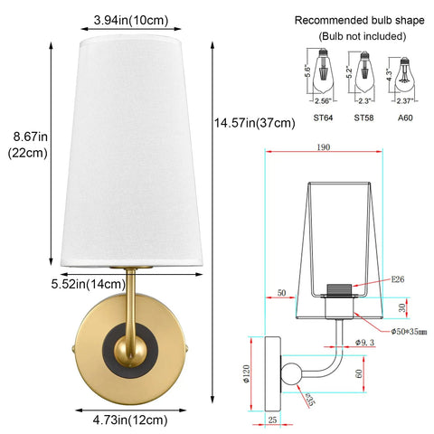 Gold Fabric Shade Wall Sconce Set of 2 - Modern 1-Light Hardwired Brass Wall Lamps with Brushed Gold Finish and Black Back Plate diagram