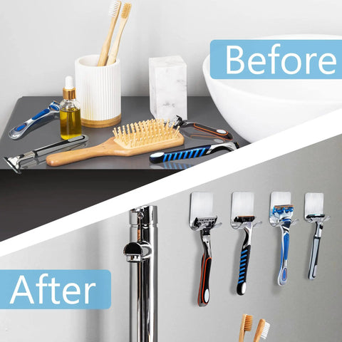 Before and after using Stainless Steel Razor Holder Set, 2 Pack Self Adhesive Shower Hooks organizing razors and tools on bathroom wall.