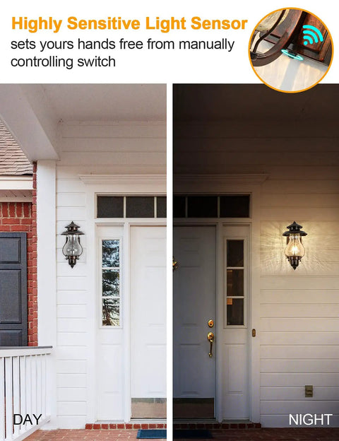 No Fuss Dusk To Dawn Sensor Outdoor Wall Sconce With Photocell showing day and night lighting on a white wall beside a door.