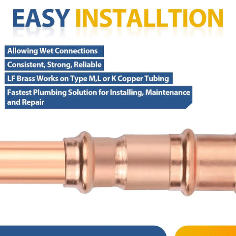 Close-up of Top Shelf 100 Pack Lead Free Copper Press Fittings 1 Inch By 3/4 Inch Reducing Coupler for easy plumbing install