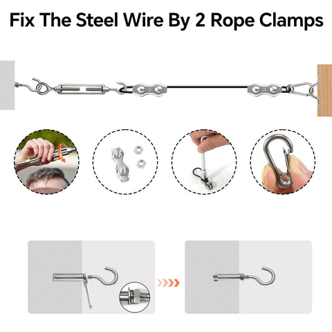 Backyard String Light Hanging Kit With 300 Feet Nylon Coated Stainless Steel Wire Rope Cable And Full Accessories setup diagram