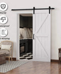 Sliding Barn Door 30 Inch By 84 Inch With 6 Foot Hardware Kit And Handle White Solid MDF Surface That Is Water Resistant And Scratch Resistant Easy To Clean And Install DIY Assembly K Frame Farmhouse Style Reno Ready installed in living room
