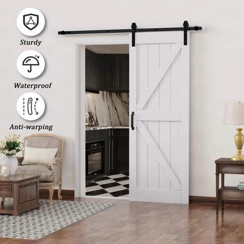 Sliding Barn Door 30 Inch By 84 Inch With 6 Foot Hardware Kit And Handle White Solid MDF Surface That Is Water Resistant And Scratch Resistant Easy To Clean And Install DIY Assembly K Frame Farmhouse Style Reno Ready installed in living room