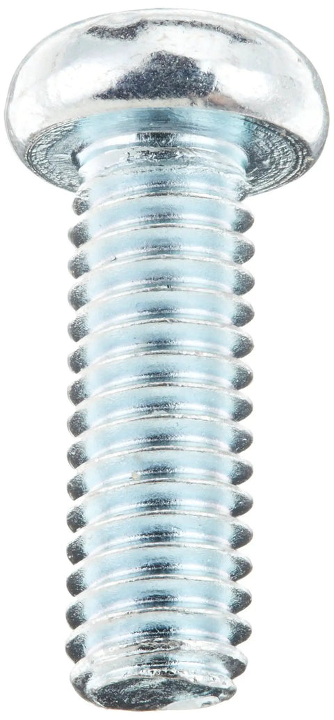 Close-up of a single Fifty Pack Pro Grade Steel Pan Head Machine Screw with Phillips Drive and Zinc Coated Protection.