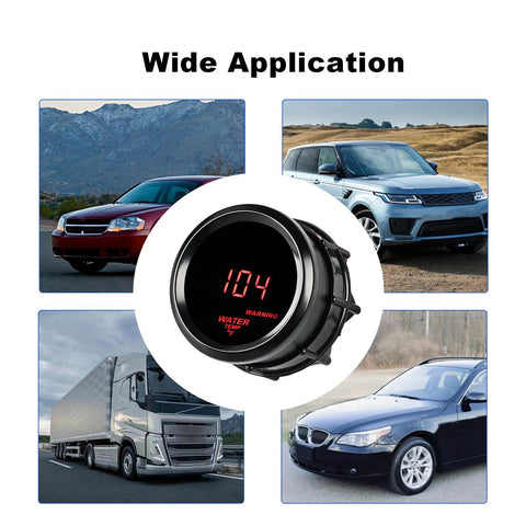 Water temperature gauge 2in/52mm with sensor, close-up, digital red LED display showing 104, for car/truck/marine, DC12V