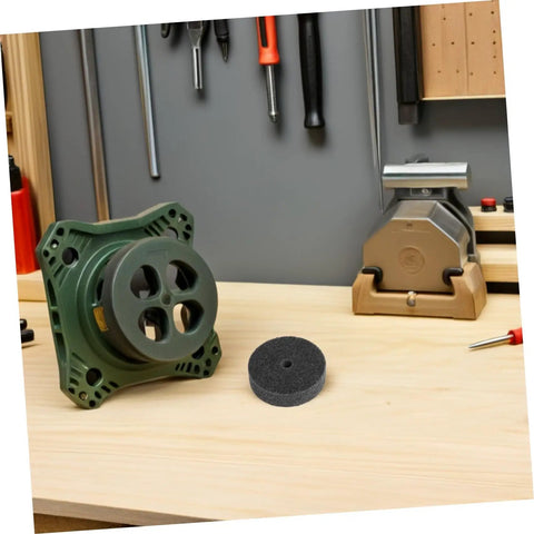 Six Piece Nylon Buffing Wheel Set With 10mm Hole Super Fast Cut For Bench Grinder Steel Copper Aluminum Car Polishing And Surface Restorations on workbench.