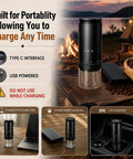 Chill Cordless Coffee Grinder With 38 Adjustable Settings, USB-C powered, portable for camping, shown charging beside coffee beans.
