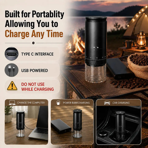 Chill Cordless Coffee Grinder With 38 Adjustable Settings, USB-C powered, portable for camping, shown charging beside coffee beans.