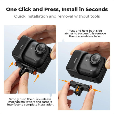 Person installing Magnetic Quick Release Mount For Insta360 Go Ultra With 1/4 Inch Screw Hole And Foldable Connector Expansion Base Stand