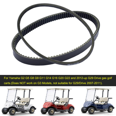 Golf Cart Drive Belt And Starter Generator Belt Kit For Yamaha G2 G5 G8 G9 G11 G14 G16 G20 G22 G29 2012 Up Replacement OE J55-G6241-00 J55-H1173-00 Clutch Drive Belt And Generator Belt Set shown with Yamaha golf carts