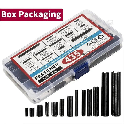 435 Piece Slotted Spring Roll Pin Set Black Oxide Finish For Machinery And Auto Repair Durable Dowel Kit with box packaging