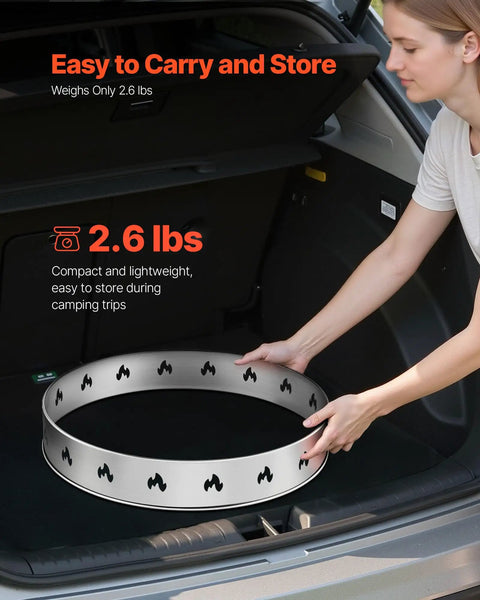 Person placing a 27 Inch Smokeless Fire Pit Stand For Solo Stove Bonfire Pro Grade Stainless Steel Ring Frame in car trunk