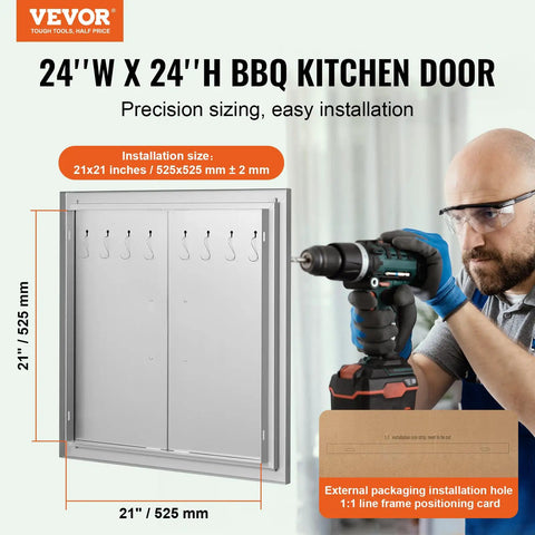 BBQ Access Door For Outdoor Kitchen Island 24W X 24H Inch Stainless Steel Flush Mount Door with Double Wall Vertical Handles and Hooks