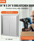 Double Door BBQ Access Door 24x24 Inch in Brushed Stainless Steel being installed with a drill, showcasing precision sizing.