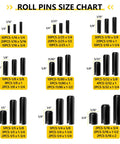 Size chart of Nine Size 65Mn Steel Black Roll Pin Set For Home And Auto Repairs with various dimensions and quantities displayed.