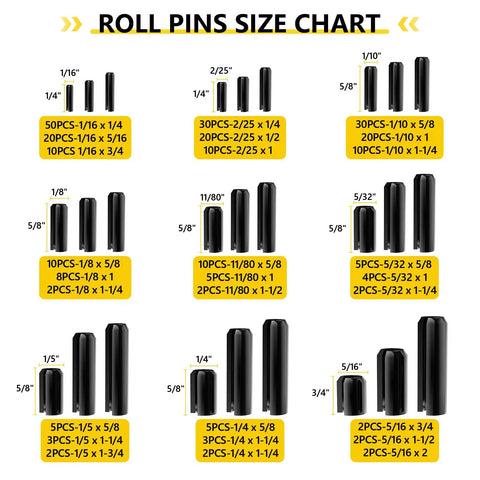 Size chart of Nine Size 65Mn Steel Black Roll Pin Set For Home And Auto Repairs with various dimensions and quantities displayed.