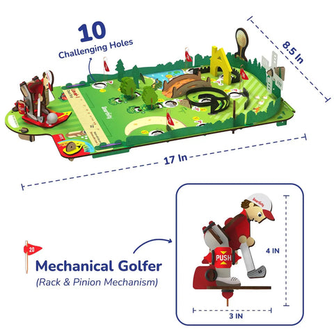 Hands On DIY Mini Golf STEM Kit For Kids Ages Six To Twelve Build A 10 Hole Course With A Mechanical Golfer Windmill Pop Up Trees Shots Counter And Champion Trophy No Tools Needed Screen Free Fun That Teaches Real Engineering. 17 x 8.5 in course and 4 in golfer