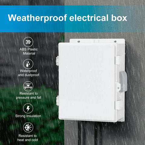 Outdoor Weatherproof Electrical Junction Box With ABS Enclosure, Water Resistant And Dust Proof, mounted on wall in rain