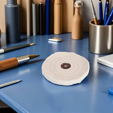Pro Shop Kisangel 2pcs Cotton Buffing Polishing Wheels For Bench Grinder With 144mm Diameter And 12mm Bore Hole on workspace.