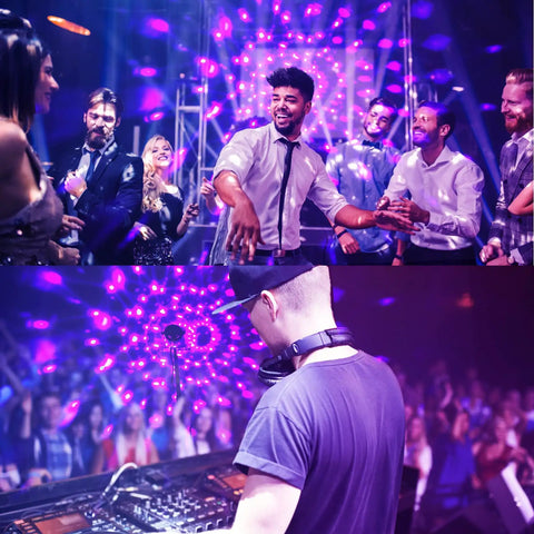 Party scene with people dancing under UV Black Light Lit Glow Party Kit 3 Pack With Remote Sound Activated LED Disco Ball Lights