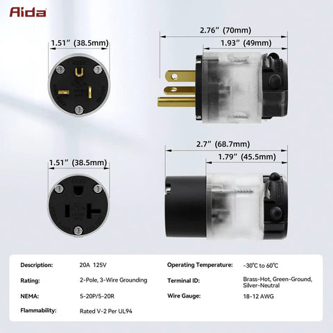 Lit 20 Amp 125 Volt Lighted Duplex Outlet With Power On Indicator, NEMA 5-20R Grounding Straight Blade Receptacle, Commercial Grade Black 1 Pack For Garages, Workshops, Job Sites, Easy Safety Checks. Black 20A 125V NEMA 5-20R duplex receptacle with dimensions shown