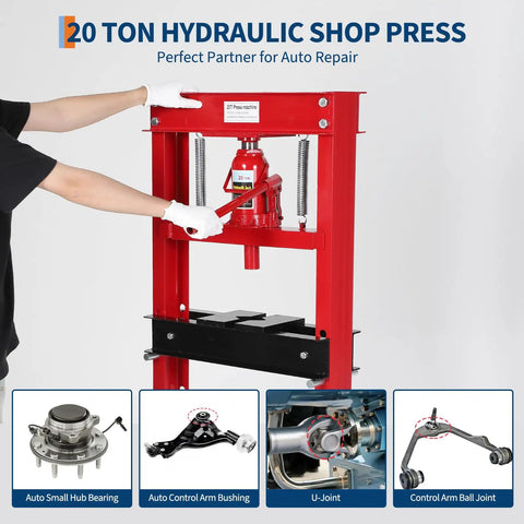 Built Tough 20 Ton Hydraulic H Frame Shop Press For Industrial Grade Stability And Floor Use Reinforced Carbon Steel Construction With Powder Coated Finish For Durability And Corrosion Resistance, red hydraulic shop press with jack in use