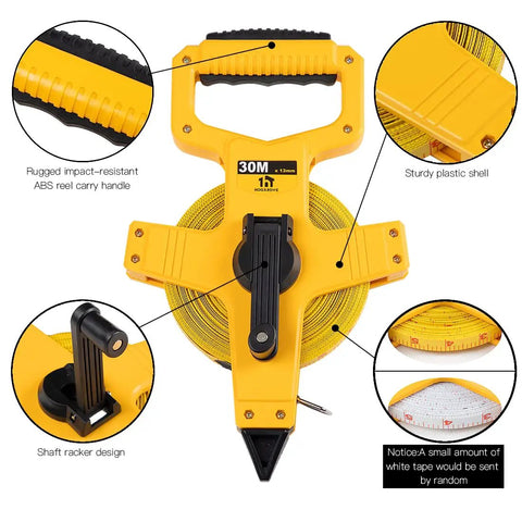 Open Reel Fiberglass Tape Measure 100 Feet By Half Inch With Double Sided Feet Inches And Metric Scale Rugged ABS Shell