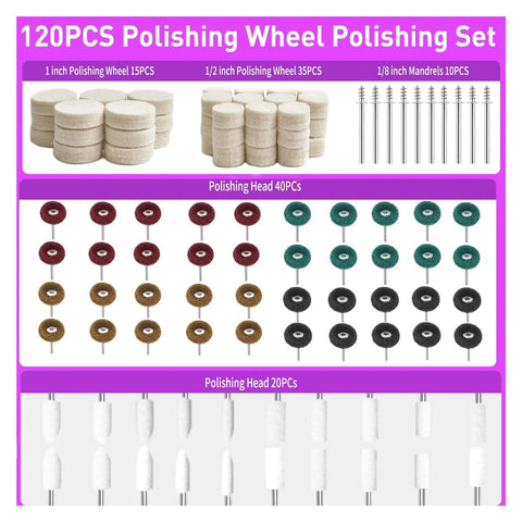 Get Gassed With This Insane 120 PCS Polishing Kit For Your Rotary Tool That Includes Abrasive Buffing Wheels And 1/8 Inch Shank Bits To Make Anything Look Fresh And Totally Clean In A Jiffy! Featuring various polishing wheels and mandrels.