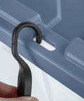 Close-up of secure snap lid hook for Pair Of Two 160 Quart Wheeled Stackable Storage Totes Clear Heavy Duty Plastic Containers.