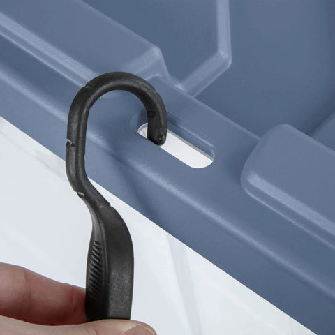 Close-up of secure snap lid hook for Pair Of Two 160 Quart Wheeled Stackable Storage Totes Clear Heavy Duty Plastic Containers.