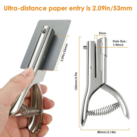 Heavy Duty Single Hole Punch With 2 Inch Reach And One Quarter Inch Hole, Portable Handheld Puncher for paper and cards, silver