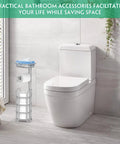 Freestanding Toilet Paper Holder With Storage Shelf Metal Tissue Roll Dispenser in modern bathroom next to toilet