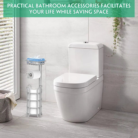 Freestanding Toilet Paper Holder With Storage Shelf Metal Tissue Roll Dispenser in modern bathroom next to toilet