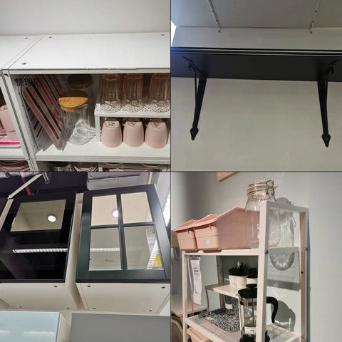 Premium Eight Thirty Two By Two Quarter Inch Flat Head Machine Screws Made Of Slick Thirty Four Stainless Steel With Kickass Grip and Rock Solid Phillips Drive displayed on shelves with glass and pink cups.