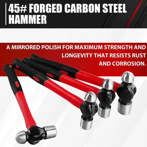 4 Piece Ball Peen Hammer Set For Metalworking, Includes 8 12 16 And 24 Oz Hammers With Forged Carbon Steel Heads, Fiberglass Handles And Shock Reduction Grips, Rust Resistant Beefy Workhorse Hammers Built For Tough DIY Or Shop Use