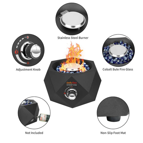 14 Inch Modern Tabletop Gas Fire Pit with stainless steel burner, cobalt blue fire glass, and adjustment knob details