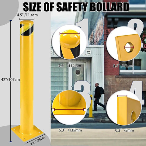 Keep Your Spot Secure With Rock Solid 42 Inch Steel Safety Bollards 4.5 Inch Diameter High Visibility Yellow Parking Barrier Posts Built For Tough Driveway Traffic Control 3 Pack size dimensions highlighted