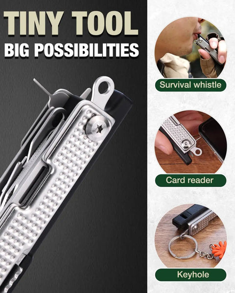 EDC 12 In 1 Multitool for Outdoors and Adventure Built Tough with survival whistle, card reader, keyhole attachments