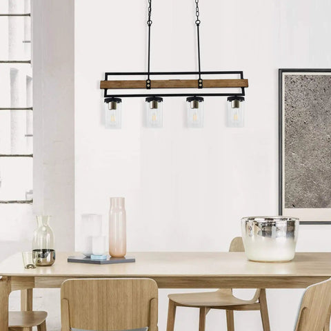 36 Inch Farmhouse Style Dining Room Pendant Light Over Table Black Wood Linear Chandelier With Four Adjustable Lights