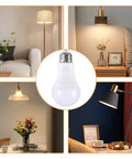 Remote Controlled A19 LED Bulb With Dimmable 3000K To 6000K Color Temperature shown in various home settings.