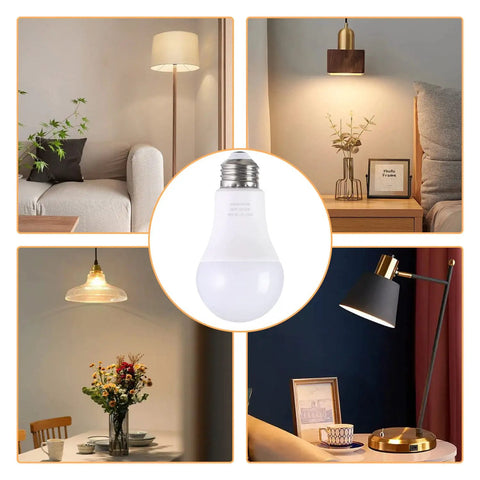 Remote Controlled A19 LED Bulb With Dimmable 3000K To 6000K Color Temperature shown in various home settings.