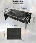 Portable Folding Charcoal Grill With Griddle Surface, Grate And Wire Mesh For Outdoor Grilling Sessions, dimensions shown