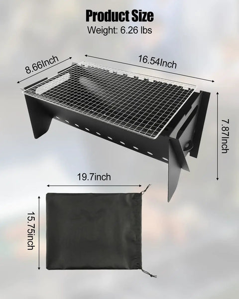 Portable Folding Charcoal Grill With Griddle Surface, Grate And Wire Mesh For Outdoor Grilling Sessions, dimensions shown
