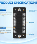 Front view of product specifications for six way fuse block with negative bus and 12V blade fuse holder, showing terminal ratings and wire sizes.
