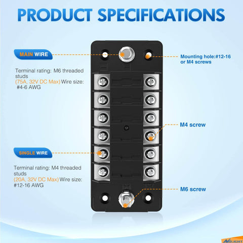Front view of product specifications for six way fuse block with negative bus and 12V blade fuse holder, showing terminal ratings and wire sizes.
