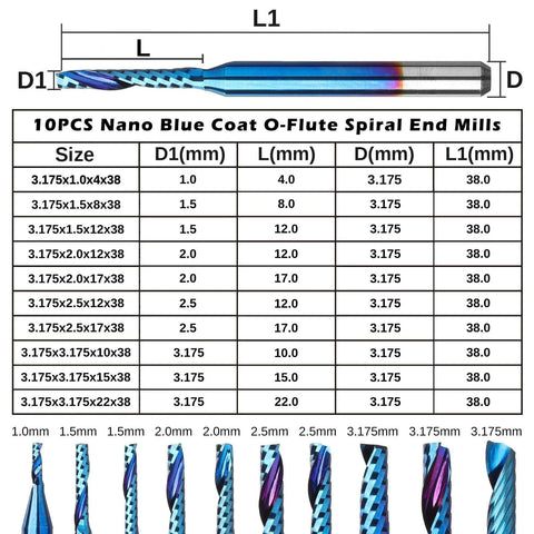 Genmitsu 10pcs carbide end mills with 1/8 in shank, nano blue O-flute coating, for woodworking and plastics