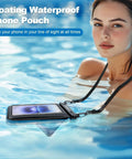 Woman in pool wearing Floating Waterproof Phone Pouch 2 Pack With Adjustable Lanyard IPX8 Waterproof Case For iPhone 17
