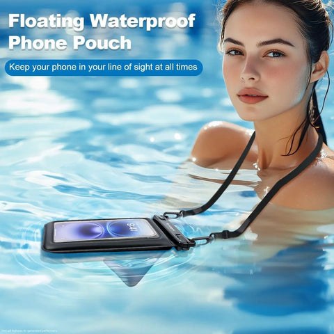Woman in pool wearing Floating Waterproof Phone Pouch 2 Pack With Adjustable Lanyard IPX8 Waterproof Case For iPhone 17