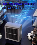Built Tough Shop Grade Evaporative Air Cooler With Three Speed Fan Blades And Roll Away Casters For Garage Warehouse Cooling Massive 160 Liter Water Tank Swamp Chiller Unit in warehouse setting, displaying airflow.