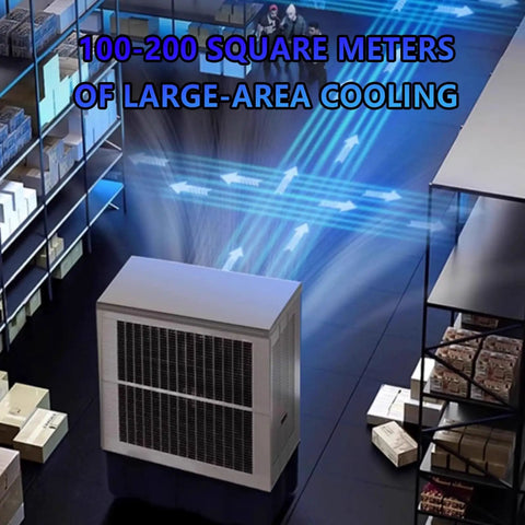 Built Tough Shop Grade Evaporative Air Cooler With Three Speed Fan Blades And Roll Away Casters For Garage Warehouse Cooling Massive 160 Liter Water Tank Swamp Chiller Unit in warehouse setting, displaying airflow.